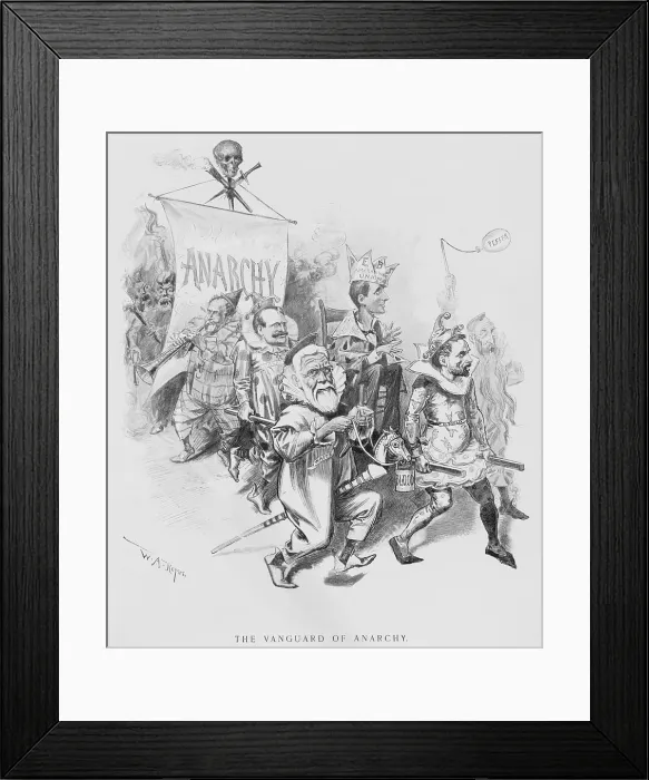 Framed Print : THE VANGUARD OF ANACHY, caricatures Eugene Debs, wearing crown labeled Debs Am. Railway Union, being carried by Gov. Morrison Waite, John Altgeld, Sen Framed Print : THE VANGUARD OF ANACHY, caricatures Eugene Debs, wearing crown labeled Debs Am. Railway Union, being carried by Gov. Morrison Waite, John Altgeld, Sen