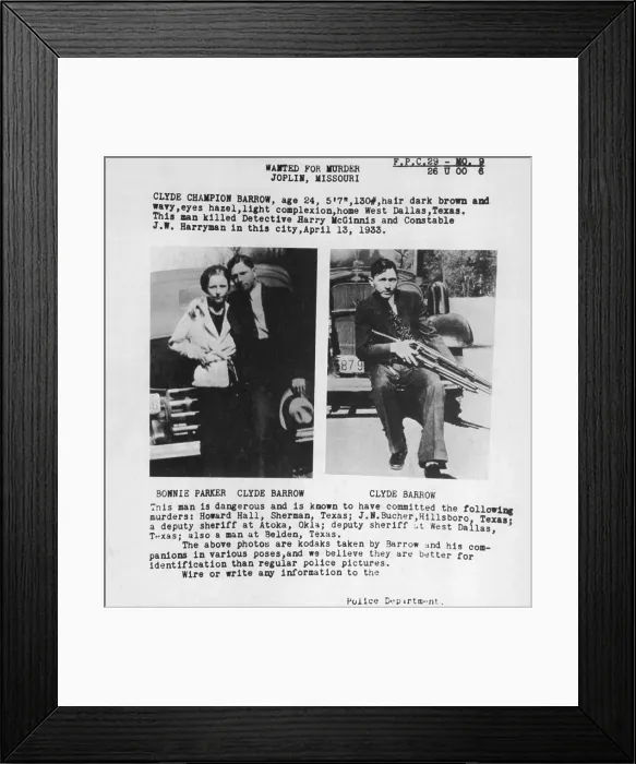 Framed Print : A wanted poster for Bonnie and Clyde used personal photos lawmen found in one of their deserted hideouts. 1933