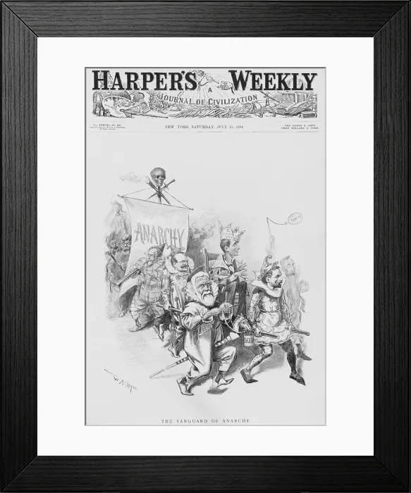 Framed Print : THE VANGUARD OF ANACHY, caricatures Eugene Debs, wearing crown labeled Debs Am. Railway Union, being carried by Gov. Morrison Waite, John Altgeld, Sen Framed Print : THE VANGUARD OF ANACHY, caricatures Eugene Debs, wearing crown labeled Debs Am. Railway Union, being carried by Gov. Morrison Waite, John Altgeld, Sen