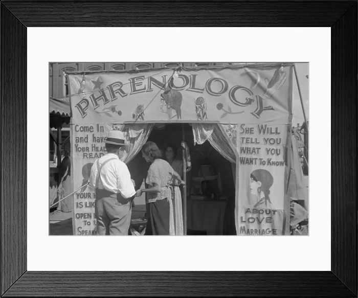 Framed Print : Phrenology reader's carnival attraction with invites people to Come in and Have Your Heads Read
