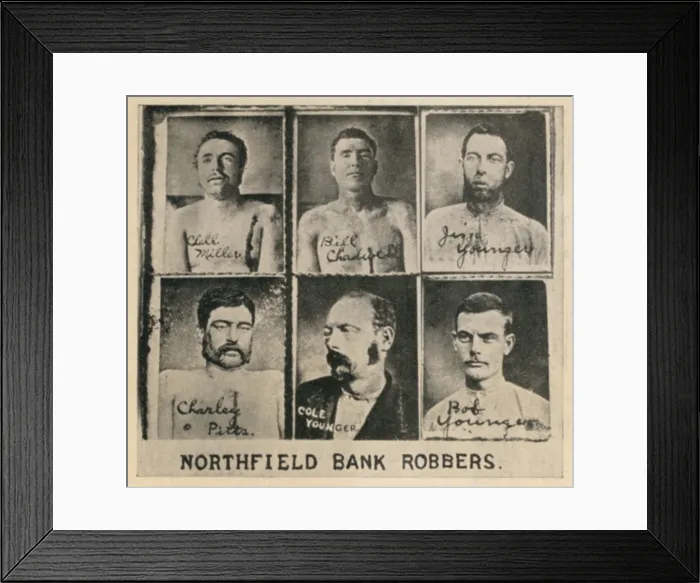 Framed Print : Six members of the James-Younger Gang members killed or captured in the disastrous Northfield, Minnesota bank robbery of Sept. 7, 1876 Framed Print : Six members of the James-Younger Gang members killed or captured in the disastrous Northfield, Minnesota bank robbery of Sept. 7, 1876
