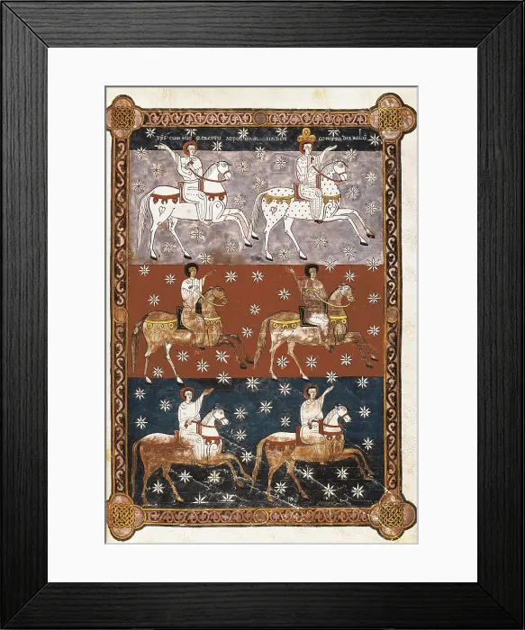 Framed Print : Beatus of Ferdinand I and dona Sancha. 1047. Folio 240. Faithful and True Rider and the White Army of God (Rev. XIX, 11-16)