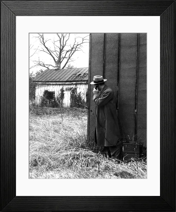 Framed Print : FBI agents with an huge portable phone during a kidnapping stakeout. Ca. 1940s