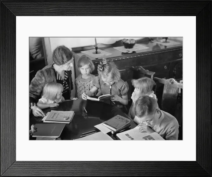 Framed Print : Home schooling of five children at the New Deal experimental community Westmoreland Homesteads, Mount Pleasant, Pennsylvania