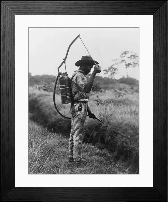 Framed Print : Panamanian man with a canister on his back spraying oil on breeding places of mosquitoes in Panama