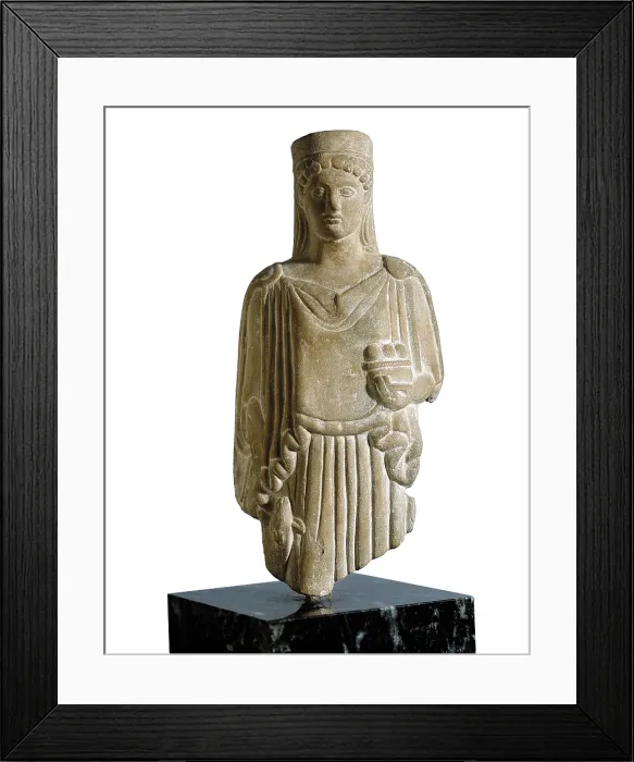Framed Print : Kore. 6th c. BC. Baked clay. Archaic Greek art. Sculpture. SPAIN. Barcelona. Archaeology Museum of Catalonia. Proc: SPAIN. L'Escala. Empuries. - J