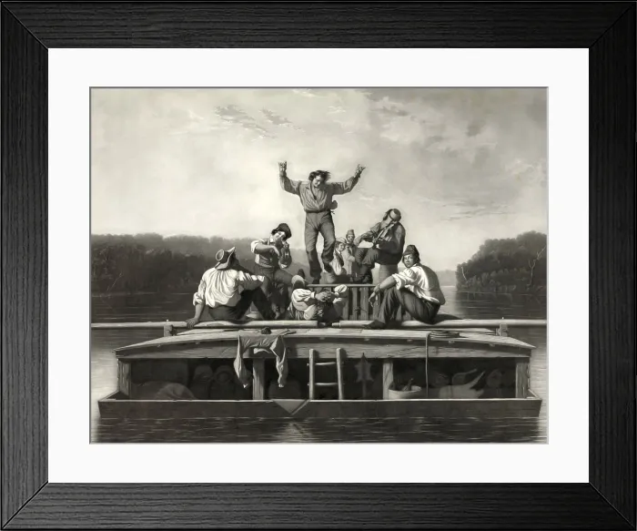 Framed Print : Men on flatboat in river, playing musical instruments, relaxing, and dancing. Mezzotint after painting by George Caleb Bingham. 1847