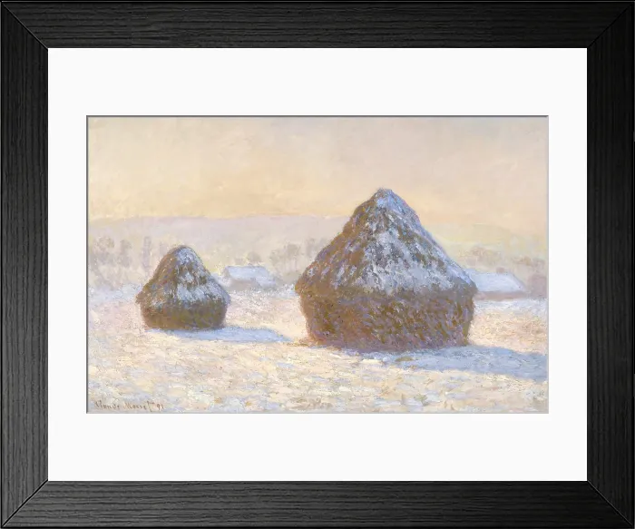 Framed Print : Wheatstacks, Snow Effect, Morning, by Claude Monet, 1891, French impressionist painting, oil on canvas Framed Print : Wheatstacks, Snow Effect, Morning, by Claude Monet, 1891, French impressionist painting, oil on canvas