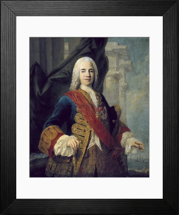 Framed Print : AMIGONI, Jacopo (1682-1752). The Marques de la Ensenada. ca. 1750. Portrait dressed with the Golden Fleece and the Order of St. Januarius. Rococo. Oil on canvas. SPAIN. Madrid