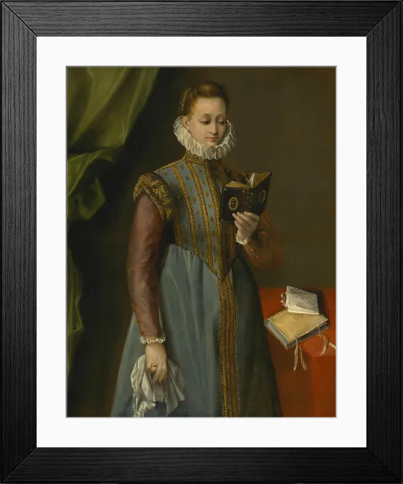 Framed Print : Quintilia Fischieri, by Federico Barocci, c. 1600, Italian Renaissance painting, oil on canvas. Mannerist portrait of a standing young women reading