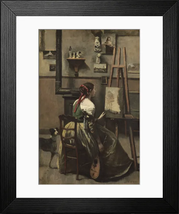 Framed Print : The Artist's Studio, by Jean-Baptiste-Camille Corot, 1868, French painting, oil on canvas. A female model sits at an easel in an Italianate costume holding an mandolin