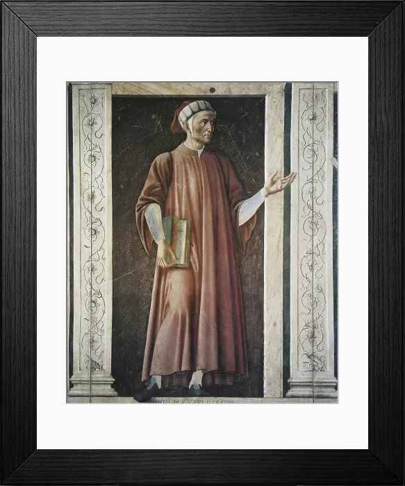 Framed Print : CASTAGNO, Andrea del (1423-1457). Dante Alighieri. ca. 1450. Portrait holding a book, from a cycle of famous personages. Fresco transferred to canvas. Renaissance art