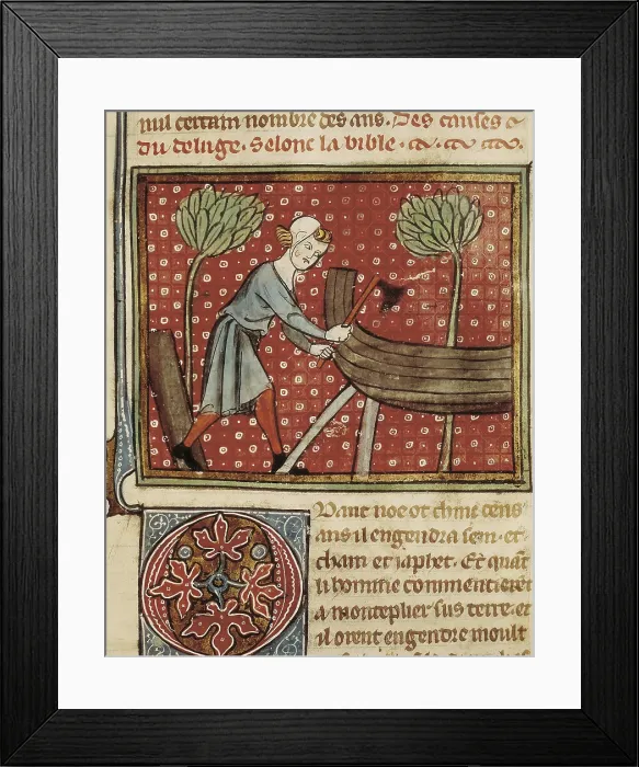 Framed Print : Bible translated by Guyart des Moulins (14th c.). Building of Noah's ark. Gothic art. Miniature Painting. FRANCE. Troyes. Bibliothque Municipale (Municipal Library)