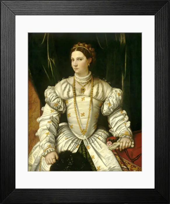 Framed Print : Portrait of a Lady in White, by Moretto da Brescia, 1540, Italian Renaissance painting, oil on canvas. Elaborately dressed and bejeweled women from Veneto province