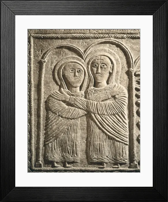 Framed Print : Altar of Duke Ratchis. 740s. Visitation of Mary. Detail. Lombardian romanesque art. Romanesque art. Relief on marble. ITALY. Cividale del Friuli. Duomo's Christian Museum Framed Print : Altar of Duke Ratchis. 740s. Visitation of Mary. Detail. Lombardian romanesque art. Romanesque art. Relief on marble. ITALY. Cividale del Friuli. Duomo's Christian Museum