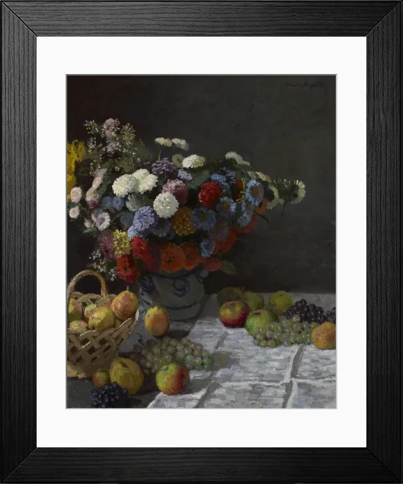 Framed Print : Still Life with Flowers and Fruit, by Claude Monet, 1869, French impressionist painting, oil on canvas