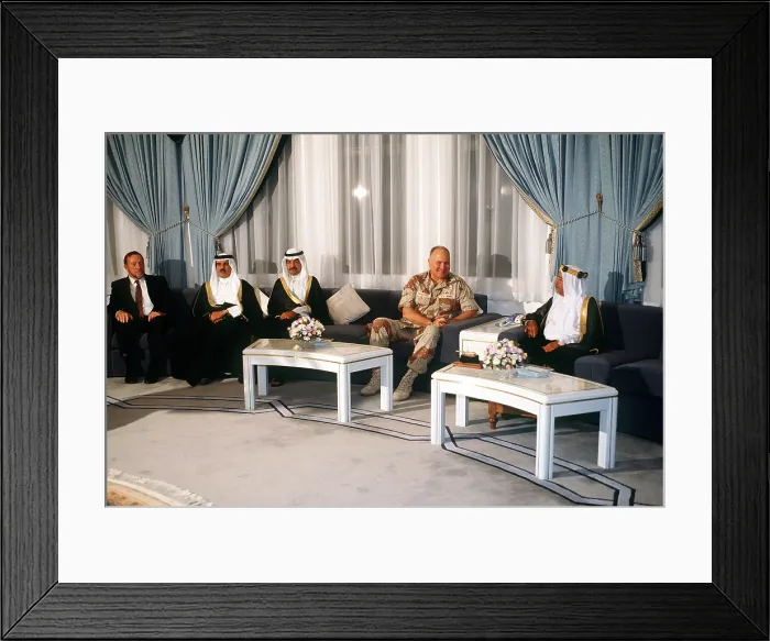 Framed Print : General Norman Schwarzkopf visits with Shaikh Isa Bin Sulman Al-Khalifa the emir of Bahrain and other Bahraini dignitaries
