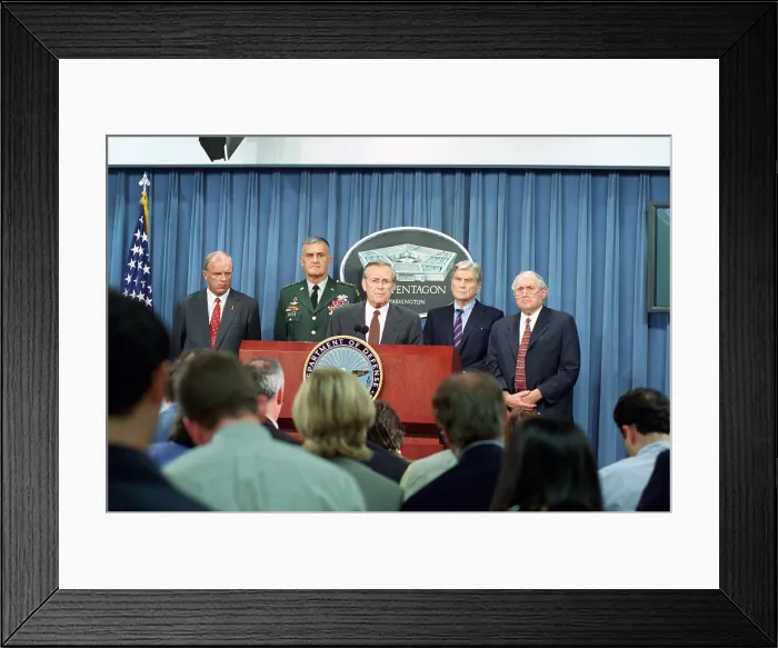 Framed Print : Secretary of Defense Donald H. Rumsfeld center speaks to the press shortly after terrorists crashed American Airlines Flight 77 into the Pentagon on Sept. 11 2001 Framed Print : Secretary of Defense Donald H. Rumsfeld center speaks to the press shortly after terrorists crashed American Airlines Flight 77 into the Pentagon on Sept. 11 2001