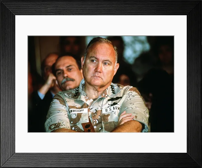 Framed Print : General Norman Schwarzkopf listens to Secretary of Defense Richard Cheney during a press conference held by U.S. and Saudi Arabian officials during Operation Desert Storm Framed Print : General Norman Schwarzkopf listens to Secretary of Defense Richard Cheney during a press conference held by U.S. and Saudi Arabian officials during Operation Desert Storm
