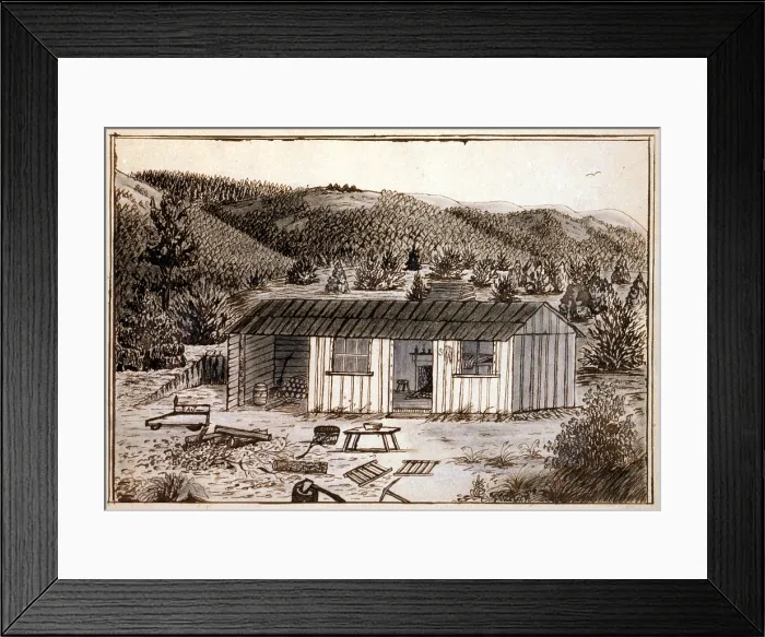 Framed Print : My cabin, Long Gulch. California Gold Rush cabin, 1859. Daniel Jenks, color