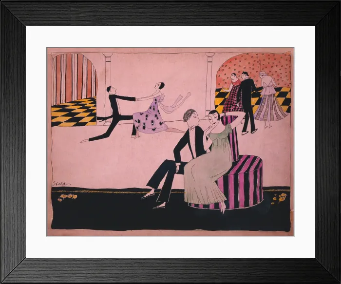 Framed Print : 1915 John Held cartoon of dancers in evening attire. The couple on a circular bench is in conversation