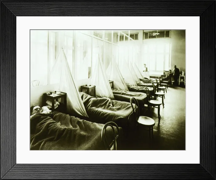 Framed Print : An influenza ward at the U. S. Army Camp Hospital in Aix-les-Bains, France during the Spanish Flu epidemic of 1918-19 Framed Print : An influenza ward at the U. S. Army Camp Hospital in Aix-les-Bains, France during the Spanish Flu epidemic of 1918-19