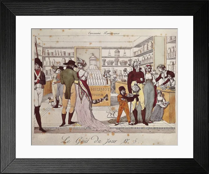 Framed Print : Le gOut du jour. Interior of a shop selling sweets. Plate 5 of the series 'Caricatures Parisiennes' published by Aaron Martinet in Paris c. 1802. Etching