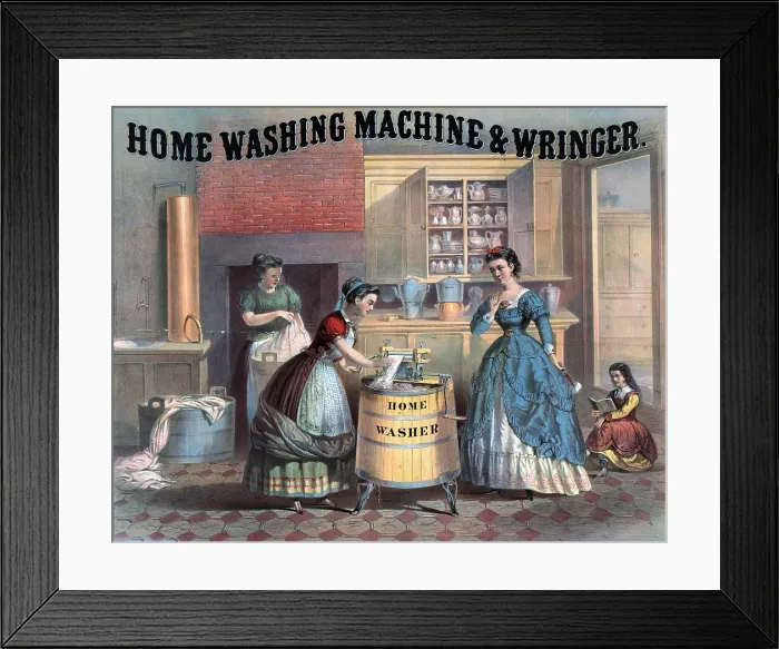 Framed Print : Domestic science. Interior view of a kitchen showing woman using a washing machine as her employer watches. In background another woman washes clothes in a wash tub.1869