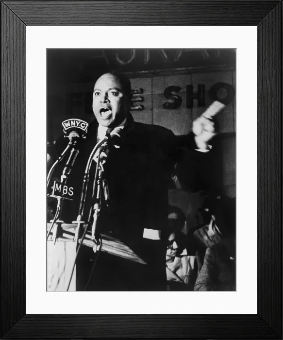 Framed Print : James Farmer (1920-1999), co-founder of the Congress of Racial Equality, speaking before microphones outside Hotel Theresa in Harlem, NYC. 1965