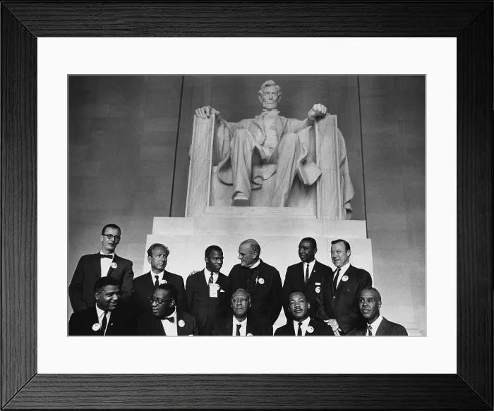 Framed Print : 1963 March on Washington. Leaders of the march posing in front of the statue of Abraham Lincoln, Lincoln Memorial. Bottom, L to R: Whitney Young, Cleveland Robinson, A