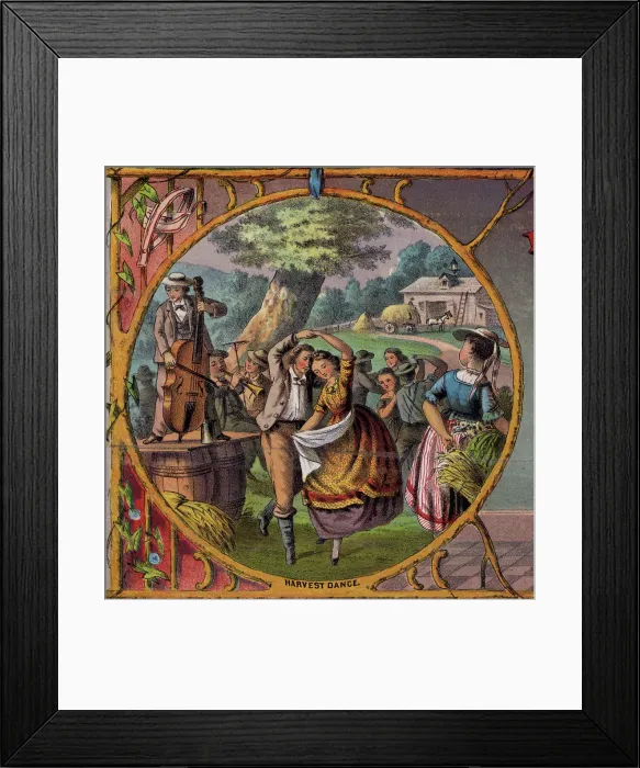 Framed Print : Harvest dance. A ruyral community celebrates the annual harvest with an outdoor dance. 1873 Framed Print : Harvest dance. A ruyral community celebrates the annual harvest with an outdoor dance. 1873