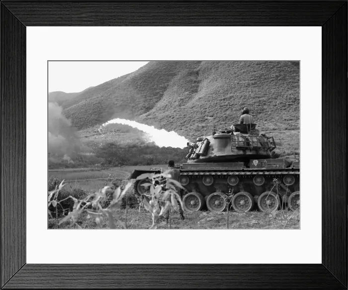 Framed Print : Vietnam War. US Marine Corps flame thrower tank in action. Ca. 1966