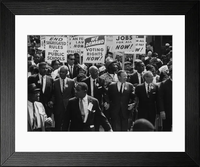 Framed Print : 1963 March on Washington. Civil Rights leaders at the front of the march: Whitney Young, Roy Wilkins, A. Philip Randolph, Walter Reuther, and Arnold Aronson. August 28, 1963