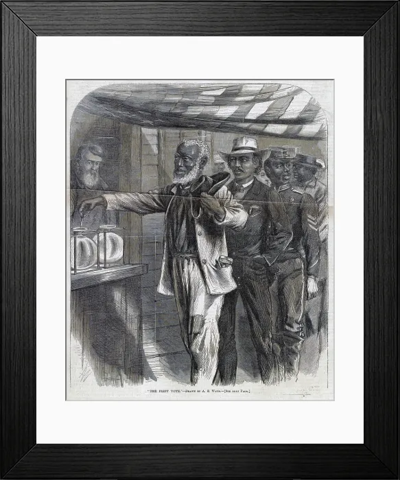 Framed Print : The First Vote. An elderly African American man casts his first vote. November 1867
