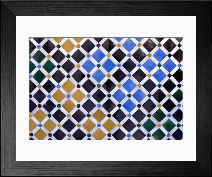 Framed Print : Alhambra. SPAIN. Granada. Alhambra. Alhambra, Nazari Palace. Comares Palace. Court of the Myrtles. Detail of the tiles. Hispano-Moresque art. Nasrid dynasty. Decorative Arts