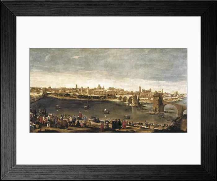 Framed Print : VELAZQUEZ, Diego Rodriguez de Silva (1599-1660); MARTINEZ DEL MAZO, Juan Bautista (1612-1667). View of the City of Zaragoza. 1647. View from the opposite shore of the River Ebro