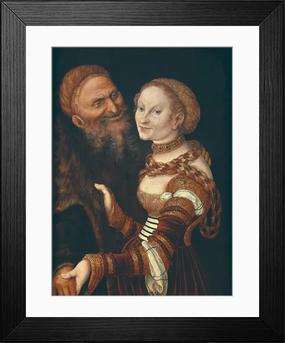 Framed Print : Cranach, Lucas, 'the Elder' (1472-1553). The Courtesan and the Old Man. 1st half 16th c. German school. Renaissance art. Oil on wood. FRANCE. Besanon