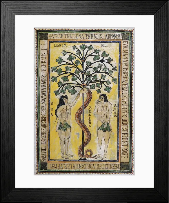 Framed Print : Vigilian or Albelda Codex. 10th c. Depiction of Adam and Eve at the original sin. Mozarabic art. ; Preromanesque art. Miniature Painting. SPAIN. San Lorenzo de El Escorial