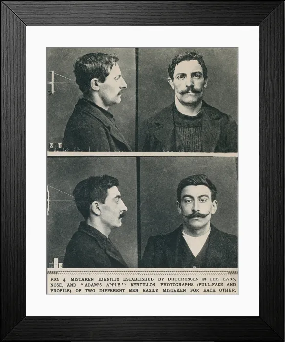 Framed Print : Bertillon system photographs taken of similar looking men established their different identities by differences in their ears, noses, and Adam's apples