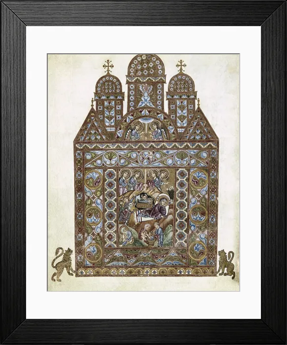 Framed Print : Codex Egberti. ca. 980. Nativity. Ottonian art. Miniature Painting. ITALY. Cividale del Friuli. Archaeological Museum. - BeBa / Iberfoto / Everett Collection (330165)**US SALES ONLY**
