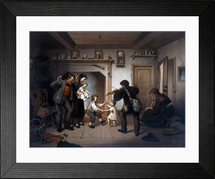 Framed Print : Popular 19th century print showing an African American man playing the fiddle as white family dances Framed Print : Popular 19th century print showing an African American man playing the fiddle as white family dances