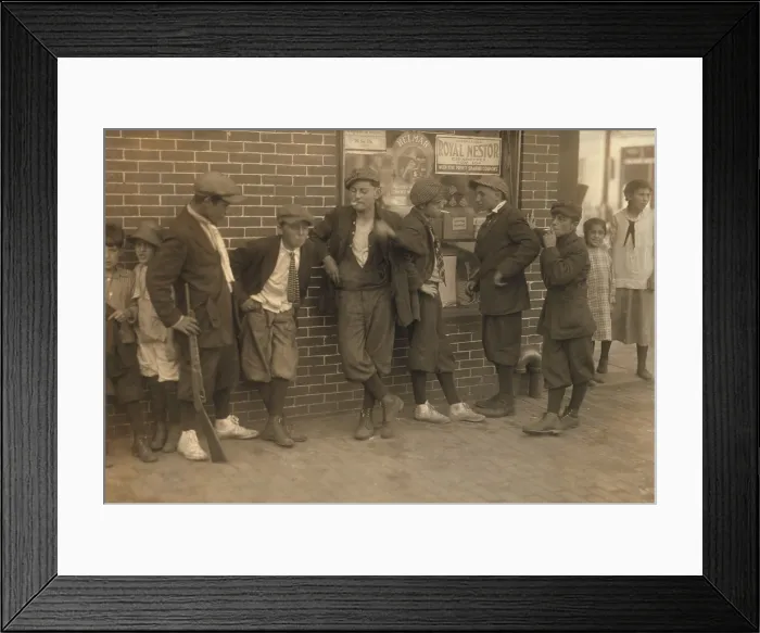 Framed Print : Street gang of cigarette smoking youths loiter on the corner of Margaret & Water Streets in Springfield, Massachusetts. 1916 photo by Lewis Hine Framed Print : Street gang of cigarette smoking youths loiter on the corner of Margaret & Water Streets in Springfield, Massachusetts. 1916 photo by Lewis Hine