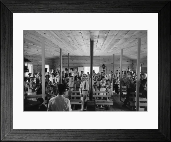 Framed Print : Religious service in the Pie Town, New Mexico church. Pie town was settled in the 1930's by 250 homesteader families who migrated from the Dust Bowl. June 1940