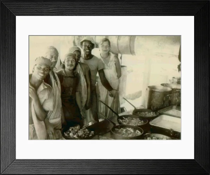 Framed Print : Kitchen workers at the People's Temple Agricultural Project. From back to front: Karen Harmes, Stanley Clayton, unidentified, Santiago Rosa, and two unidentified Framed Print : Kitchen workers at the People's Temple Agricultural Project. From back to front: Karen Harmes, Stanley Clayton, unidentified, Santiago Rosa, and two unidentified