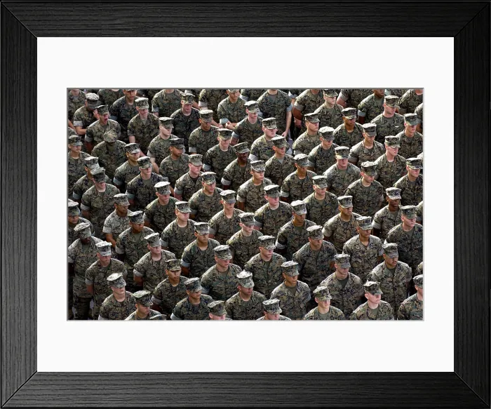 Framed Print : Marines of the USS ESSEX an amphibious assault ship in port at Changi Naval Base Singapore on June 4 2004. They stand in formation to listen to Secretary of Defense Donald H Framed Print : Marines of the USS ESSEX an amphibious assault ship in port at Changi Naval Base Singapore on June 4 2004. They stand in formation to listen to Secretary of Defense Donald H