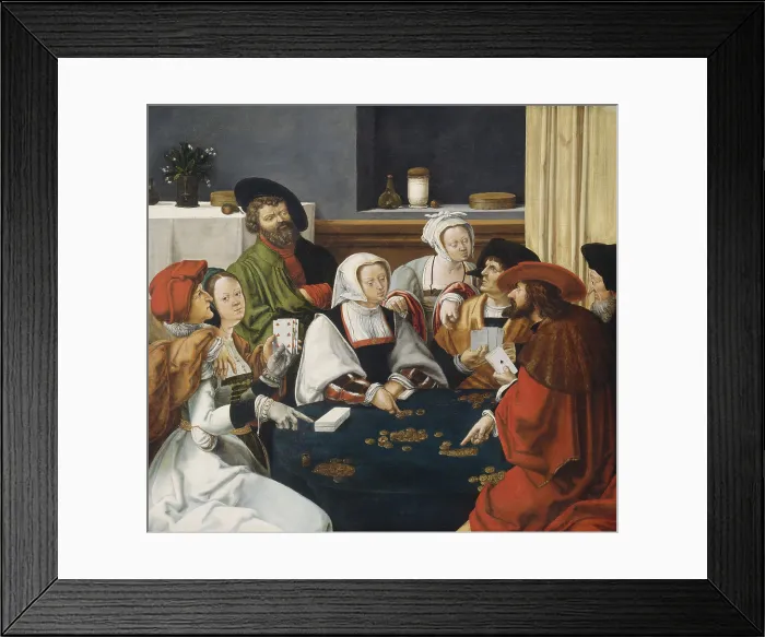 Framed Print : The Card Players, Lucas van Leyden, (copied from), c. 1550-99, Dutch painting, oil on panel. Upper-middle-class adults play a popular game called primero