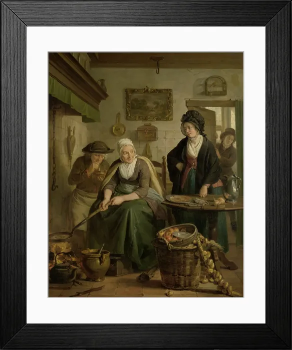 Framed Print : Woman Baking Pancakes, by Adriaan de Lelie, 1790-1810, Dutch painting, oil on panel. Cooking scene at hearth as a women holds onto a long handle pan