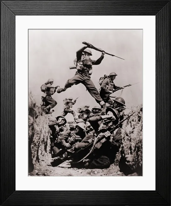 Framed Print : British Black Watch regiment in training in 1940. Members of the regiment crouch in a trench while others jump across overhead during a bayonet charge Framed Print : British Black Watch regiment in training in 1940. Members of the regiment crouch in a trench while others jump across overhead during a bayonet charge