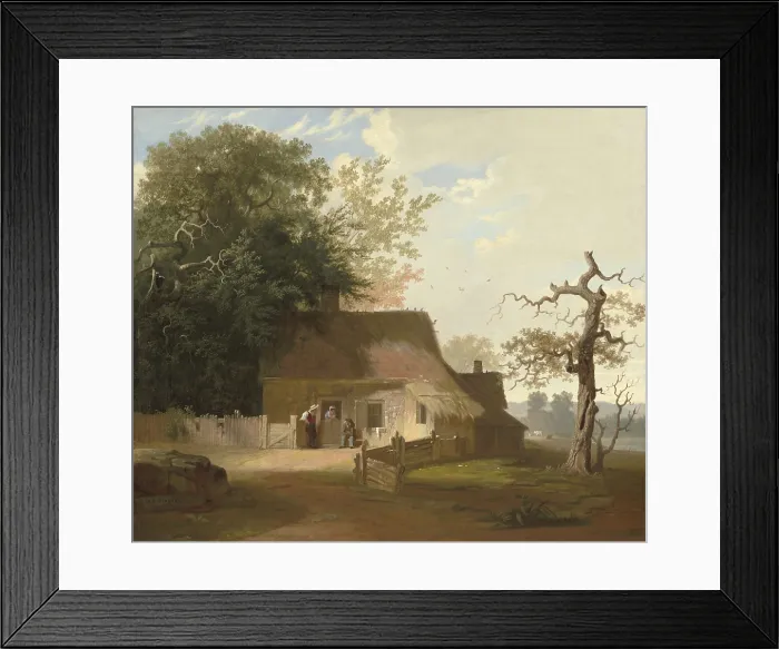 Framed Print : Cottage Scenery, by George Caleb Bingham, 1845, American painting, oil on canvas. The scene of two men and a women in conversation before a tree sheltered house