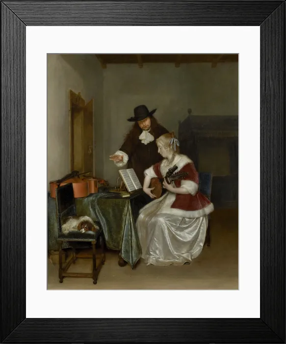 Framed Print : The Music Lesson, by Gerard ter Borch, 1668, Dutch painting, oil on canvas. An elegantly dressed woman plays the lute, while a man, keeps rhythm with his hand Framed Print : The Music Lesson, by Gerard ter Borch, 1668, Dutch painting, oil on canvas. An elegantly dressed woman plays the lute, while a man, keeps rhythm with his hand